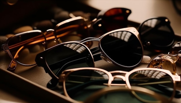 Coleção moderna de óculos de sol reflete elegância e moda em loja de verão gerada por IA