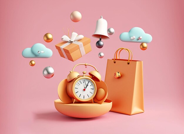 Foto coleção temática de compras 3d, incluindo bolsa de compras de caixa de presentes flutuante e alarme de sino gêmeo