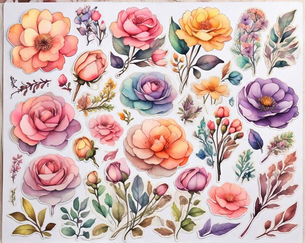 Coleção variada de adesivos de flores coloridas em estilo aquarela para fundo de design de loja de flores ai ilustração generativa