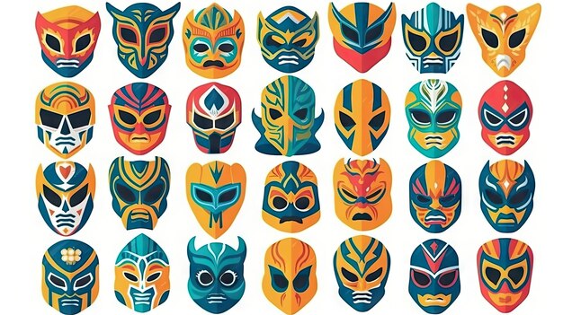 Foto colecção colorida de máscaras de lucha libre desenhos vibrantes de lutadores mexicanos