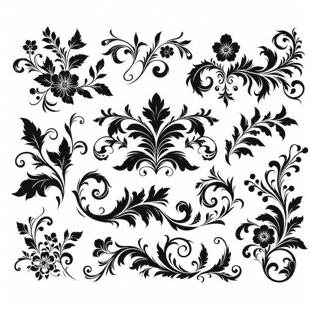 Colecção de elementos de silhueta decorativos de ramos de flores e flores desenhados à mão