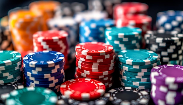Colecção vibrante de fichas de póquer de casino multicolor destacando o jogo e o jogo de casino