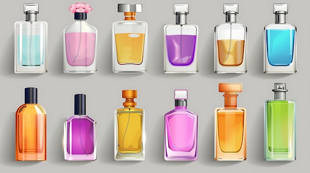 Foto una colección de 10 botellas de perfume diferentes las botellas están hechas de vidrio y vienen en una variedad de formas y tamaños
