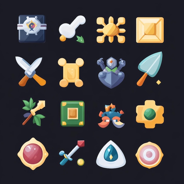Una colección de 16 iconos de juego coloridos con varias formas que representan una mezcla de elementos de fantasía y futuristas