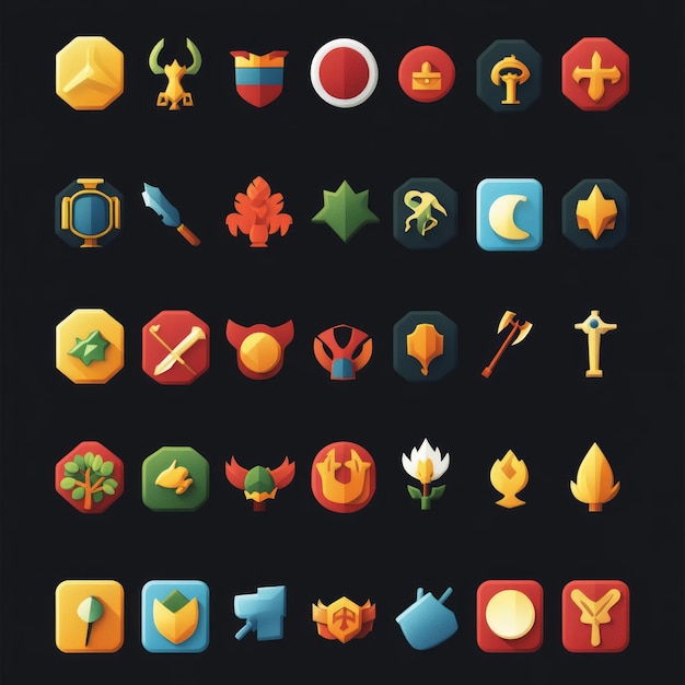 Una colección de 30 coloridos iconos de diseño plano que representan varios activos del juego como escudos de armas y otros elementos del juego
