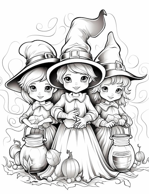 Foto colección 8k para niños página para colorear tema de halloween un trío de brujas malvadas elaborando pociones