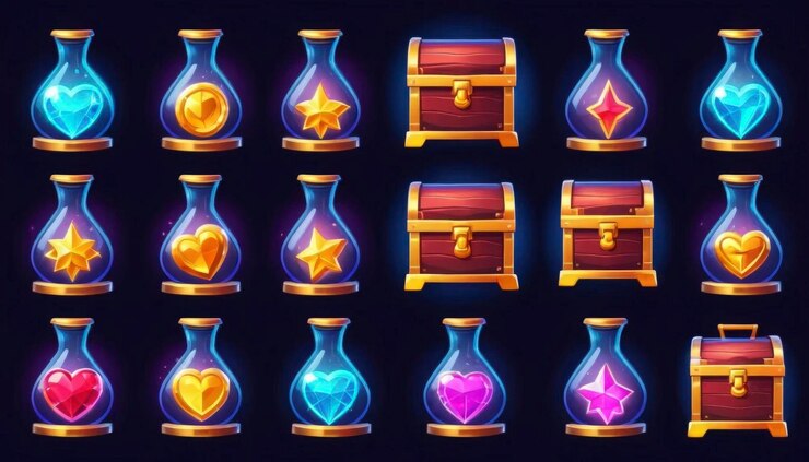 Foto colección de activos creando juegos de fantasía con frascos mágicos cofre del tesoro gemas brillantes corazones