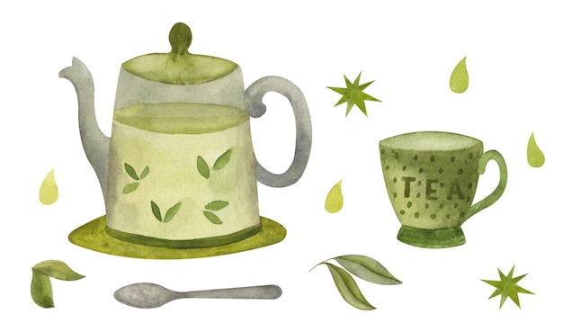 Colección de acuarela bebiendo té ilustración Tazas de té tetera especias limón canela