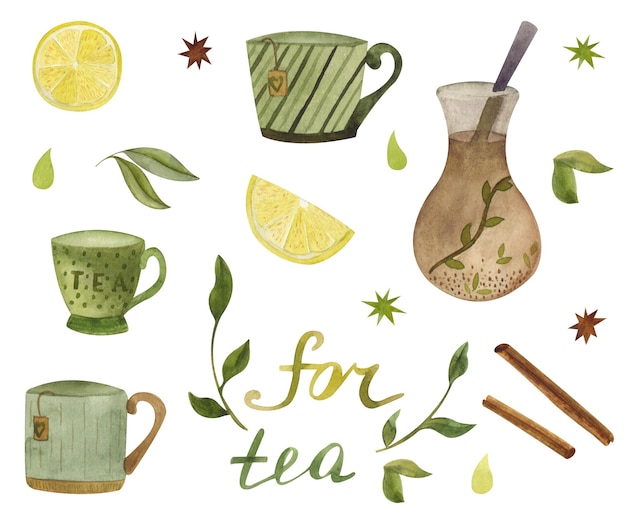 Colección de acuarela bebiendo té ilustración Tazas de té tetera especias limón canela