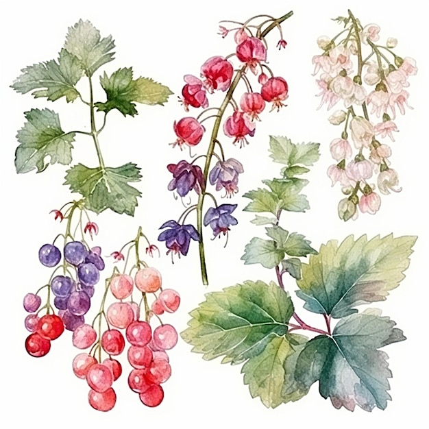 Colección de acuarela Ribes Alpinum hojas y flores.