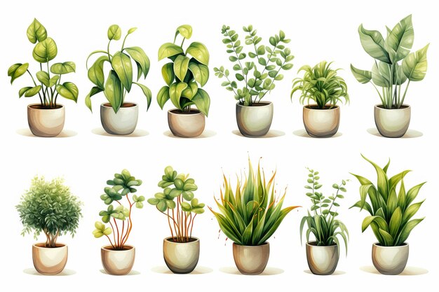 Foto colección de acuarelas de hermosas plantas en ollas