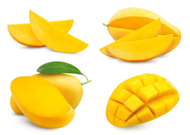 Colección aislada de mango. Mango tailandés amarillo y rodajas de piezas de mango.
