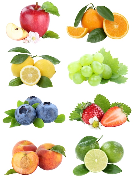Colección de alimentos frutas manzana naranja bayas arándanos manzanas naranjas fruta fresca aislado en blanco