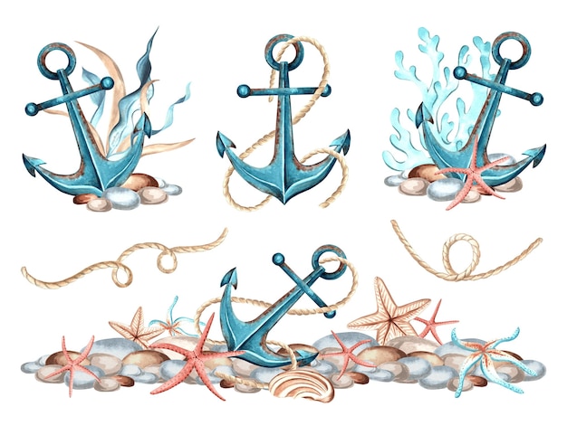 Colección de ancla de decoración submarina con estrellas de mar de coral y guijarros conjunto de acuarela