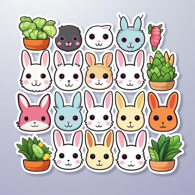 una colección de animales de dibujos animados incluyendo cactus conejo cactus y cactus