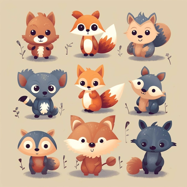 Colección de animales de dibujos animados lindos Ilustración vectorial en un estilo plano