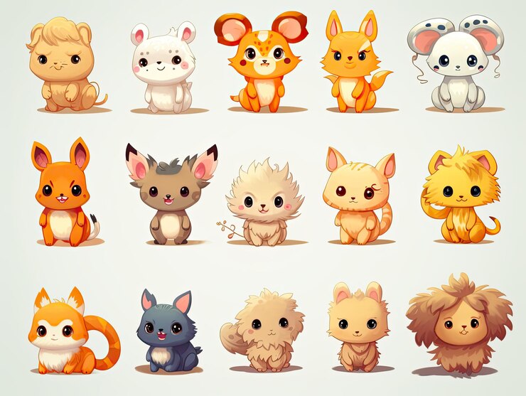 Colección de animales lindos con ilustraciones al estilo manga