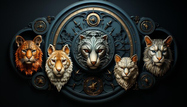 Foto colección de animales ornamentados decoración felina en ilustración de metal dorado generada por inteligencia artificial