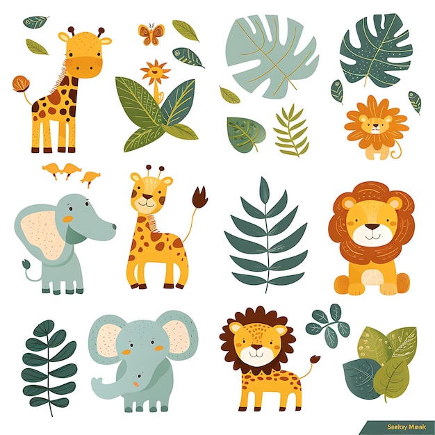 una colección de animales y plantas, incluidas las jirafas y las jirafas