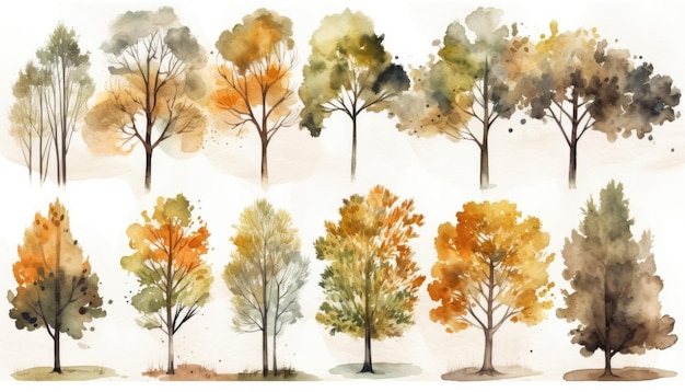 Colección de árboles de acuarela dibujados a mano para invitaciones con temas de la naturaleza IA generativa