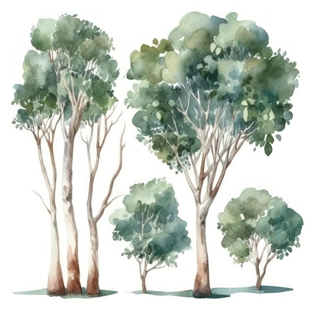Colección de árboles de eucalipto de acuarela dibujada a mano Conjunto de árboles en un bosque IA generativa