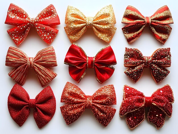 una colección de arcos rojos y dorados hechos de cintas con patrones variados y brillos generados por la IA