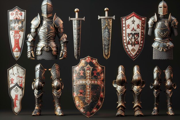 Una colección de armaduras y escudos medievales