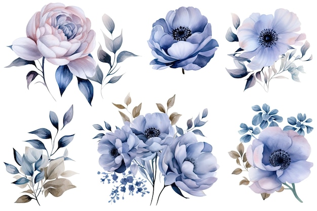 Colección de arreglos florales azules en acuarela