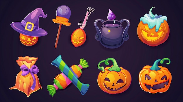 una colección de artículos de Halloween incluyendo una calabaza una bruja y una calabasa