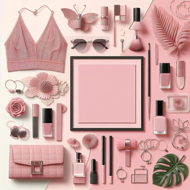 una colección de artículos que incluyen un traje rosa y blanco