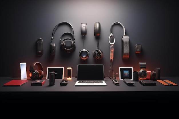 Foto una colección de auriculares y una computadora portátil en una mesa con una pared detrás de ellos