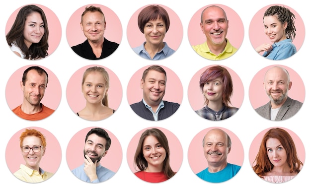 Colección de avatar circular de personas Caras de hombres y mujeres jóvenes y mayores en color rosa