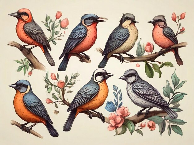 Foto colección de aves dibujadas a mano