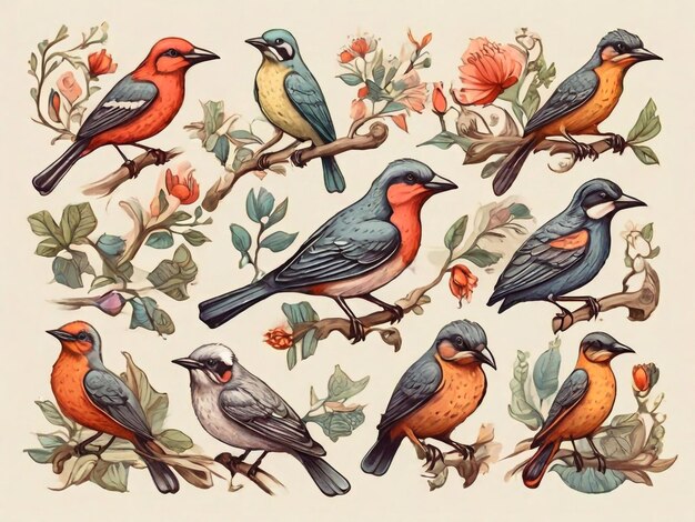 Colección de aves dibujadas a mano