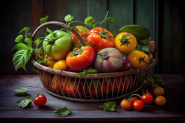 Una colección de berenjenas y pepinos de calabaza de verano en una colorida canasta de alambre lista para ser asada