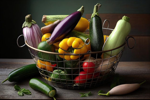 Una colección de berenjenas y pepinos de calabaza de verano en una colorida canasta de alambre lista para ser asada