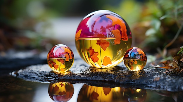 una colección de bolas de cristal con hojas caídas.