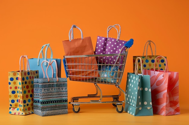 una colección de bolsas y bolsas están en una mesa con un fondo naranja