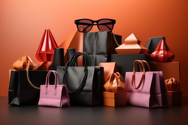 una colección de bolsos y una bolsa se muestran con un fondo rojo