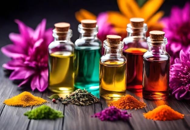 Foto una colección de botellas de aceite y flores con una flor púrpura en el medio