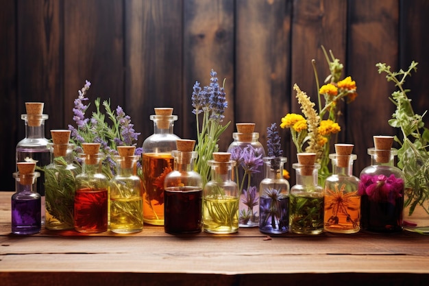 Colección de botellas de aceites esenciales sobre mesa de madera.