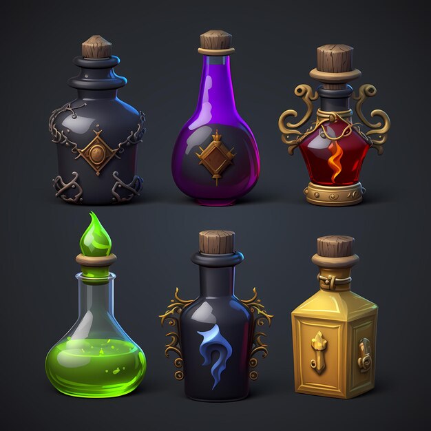 Una colección de botellas con botellas de diferentes colores.