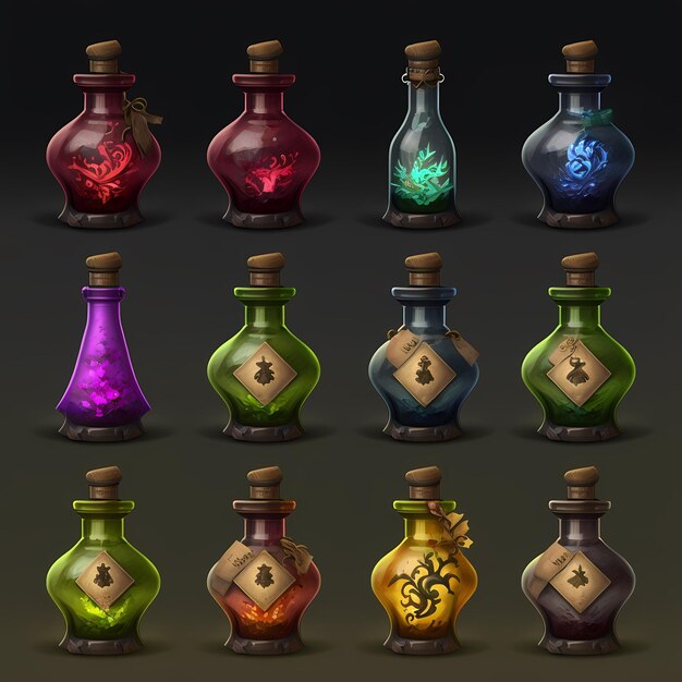 Una colección de botellas con diferentes colores.