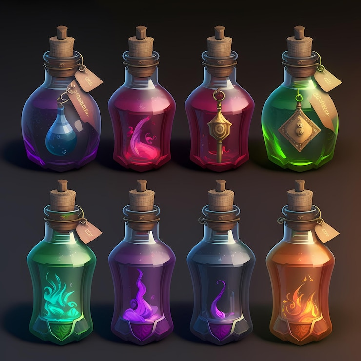 Foto una colección de botellas con diferentes elementos, incluido un dragón, un dragón, un dragón y un dragón.