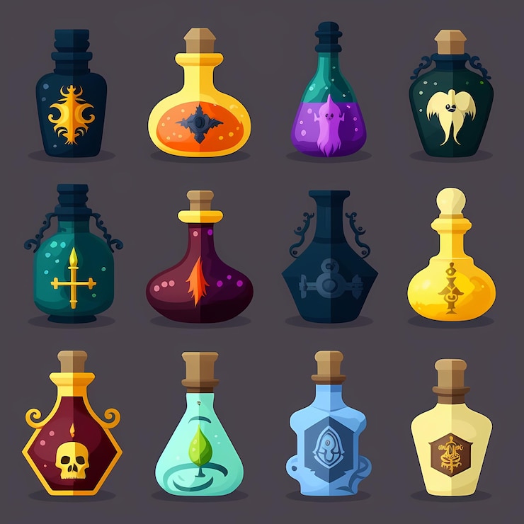 Foto una colección de botellas de diferentes pociones, incluida una que dice 'magia'