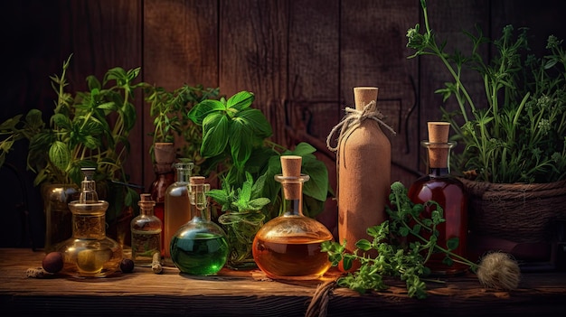 Una colección de botellas de hierbas y hierbas medicinales.