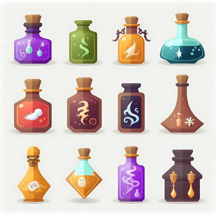 Foto una colección de botellas con líquido de diferentes colores.