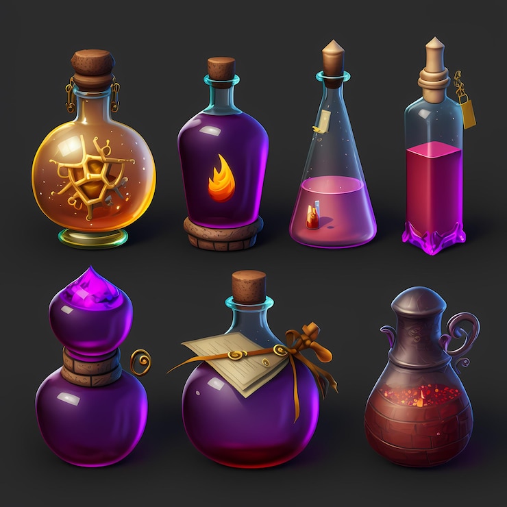 Foto una colección de botellas con líquido de diferentes colores.