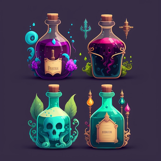 Una colección de botellas con líquido de diferentes colores.