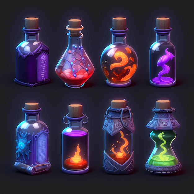 Una colección de botellas con líquido de diferentes colores.